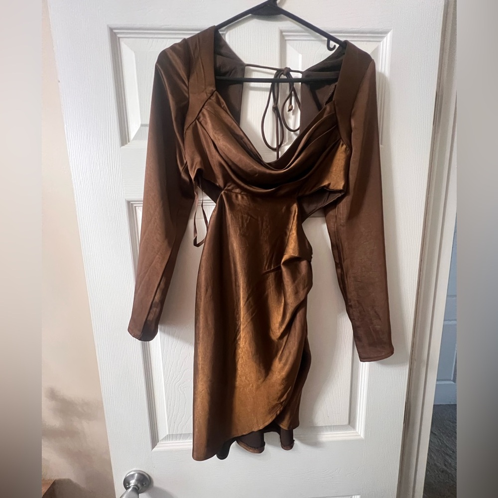 Brown Satin Cowl Neck Long Sleeve Dress